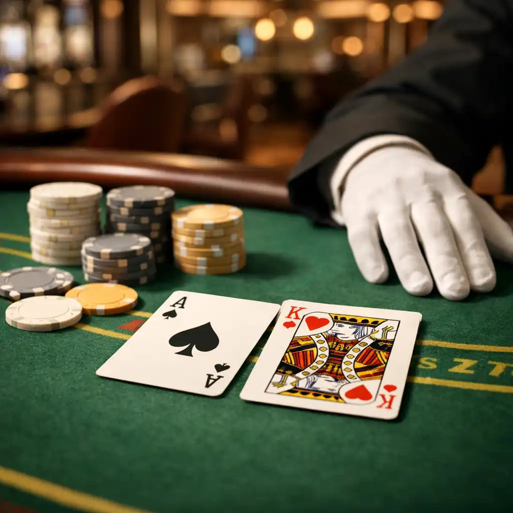 Zbliżenie na stół do blackjacka na statku z kartami i żetonami