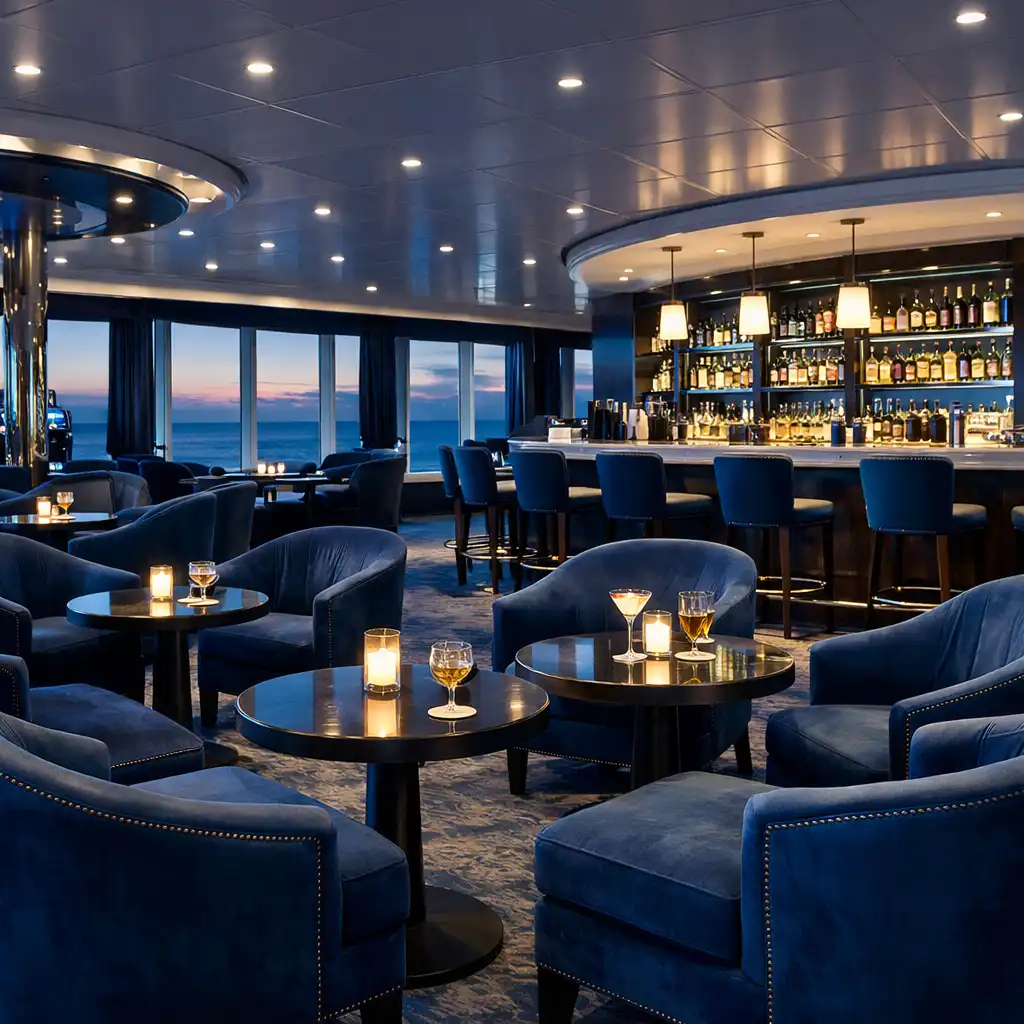 Wnętrze Casino Lounge na statku wycieczkowym z eleganckimi fotelami i barem