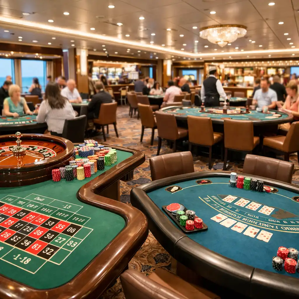 Ogólny widok na stoły pokerowe w kasynie na statku wycieczkowym