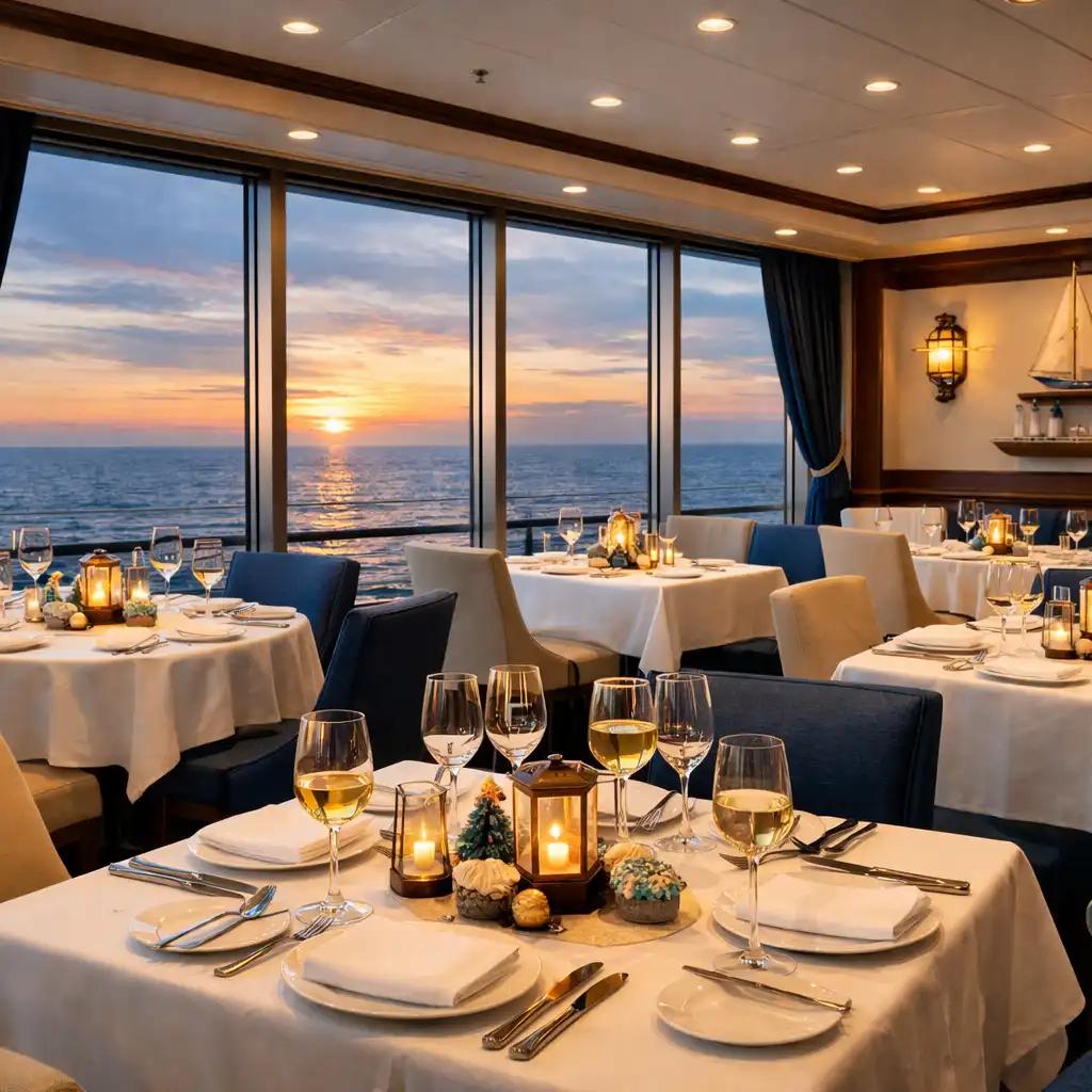 Elegancka restauracja na statku wycieczkowym z panoramicznymi oknami i widokiem na ocean