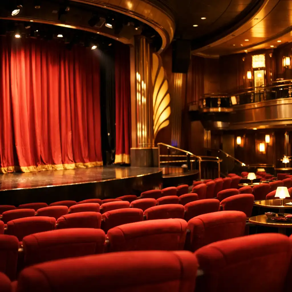 Wnętrze teatru na statku wycieczkowym z rzędami czerwonych foteli i oświetloną sceną