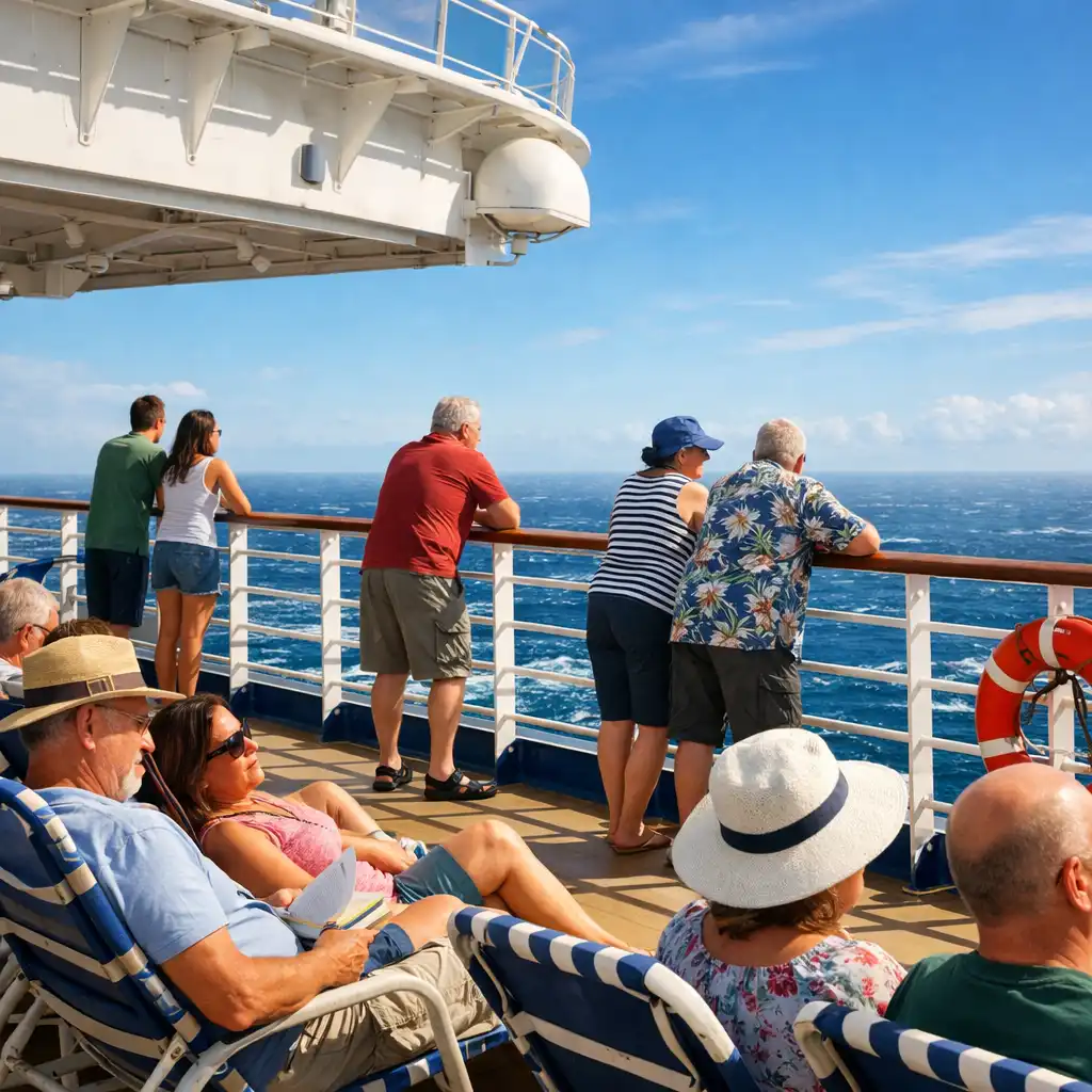 Pasażerowie relaksujący się na pokładzie statku wycieczkowego z widokiem na ocean
