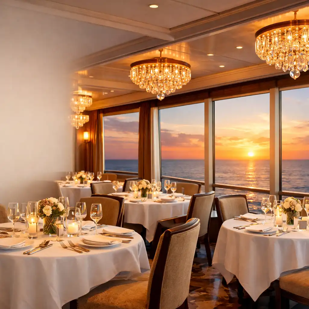 Elegancka restauracja na statku wycieczkowym z panoramicznymi oknami wychodzącymi na ocean, białymi obrusami i kryształowymi żyrandolami
