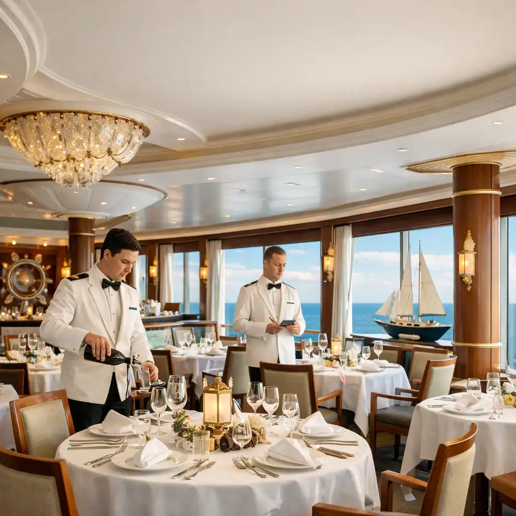 Wnętrze głównej restauracji na statku wycieczkowym z eleganckim wystrojem, dużymi oknami i kelnerami w białych uniformach