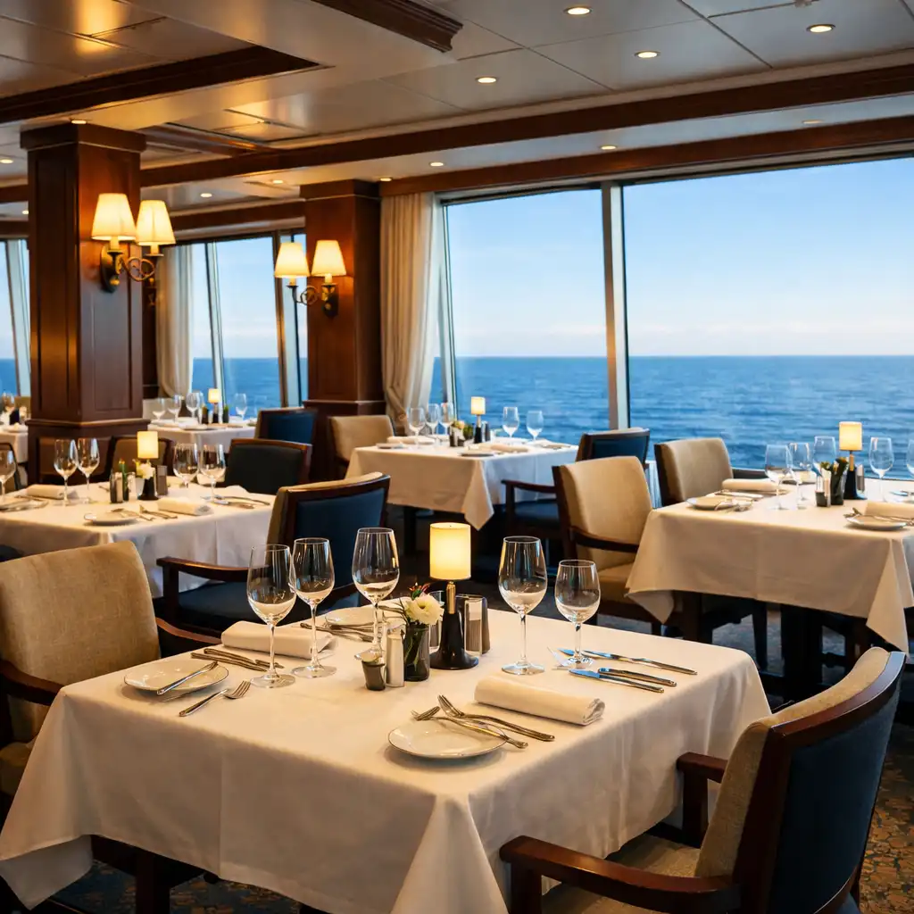 Elegancka restauracja na statku wycieczkowym z dużymi oknami wychodzącymi na ocean