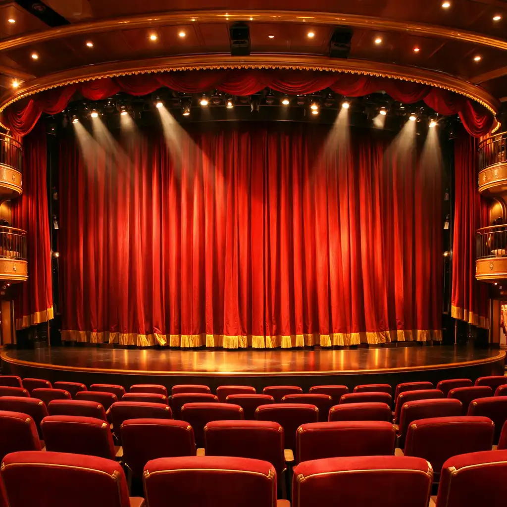 Wnętrze teatru na statku wycieczkowym z czerwoną kurtyną i sceną oświetloną reflektorami
